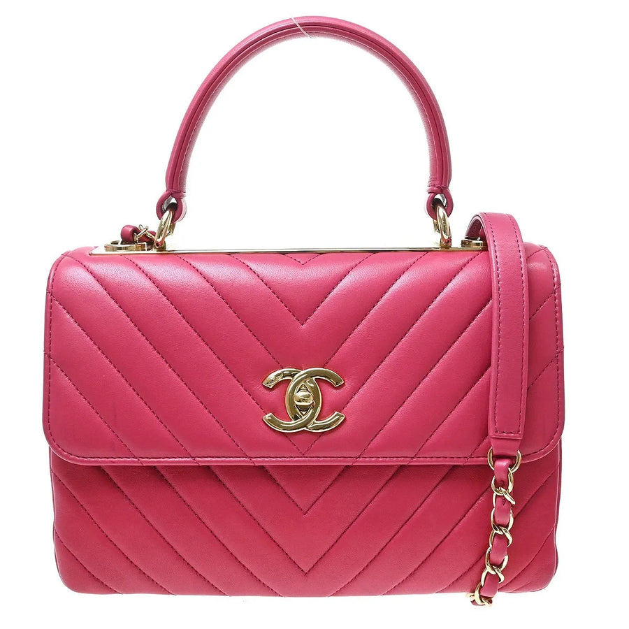 Chanel Trendy Cc Top Handle Chevron Lambskin Pink Leather Bag