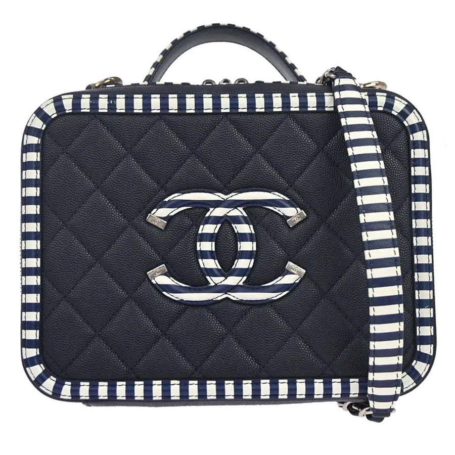 Chanel Filigree Vanity Case Quilted Caviar With Striped Leather Navy Bag