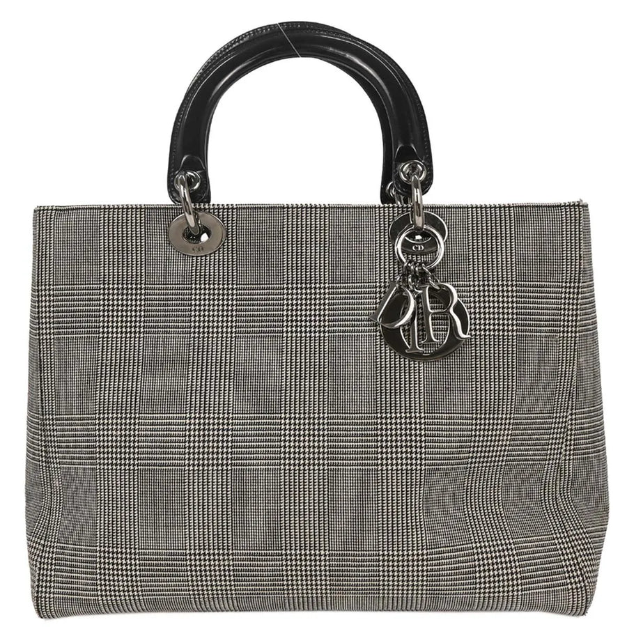 Christian Dior Vintage Lady Houndstooth Canvas Black Bag