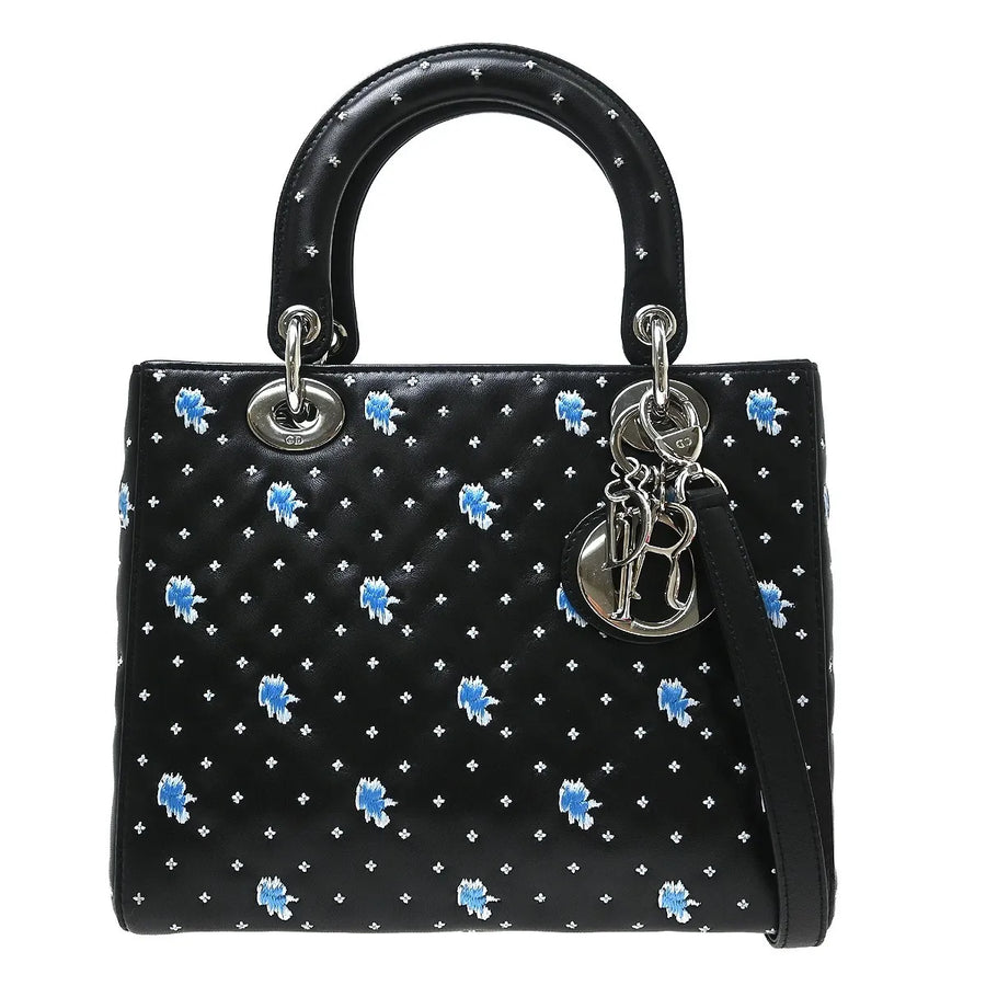 Christian Dior Lady Cannage Quilt Lambskin Black Leather Bag