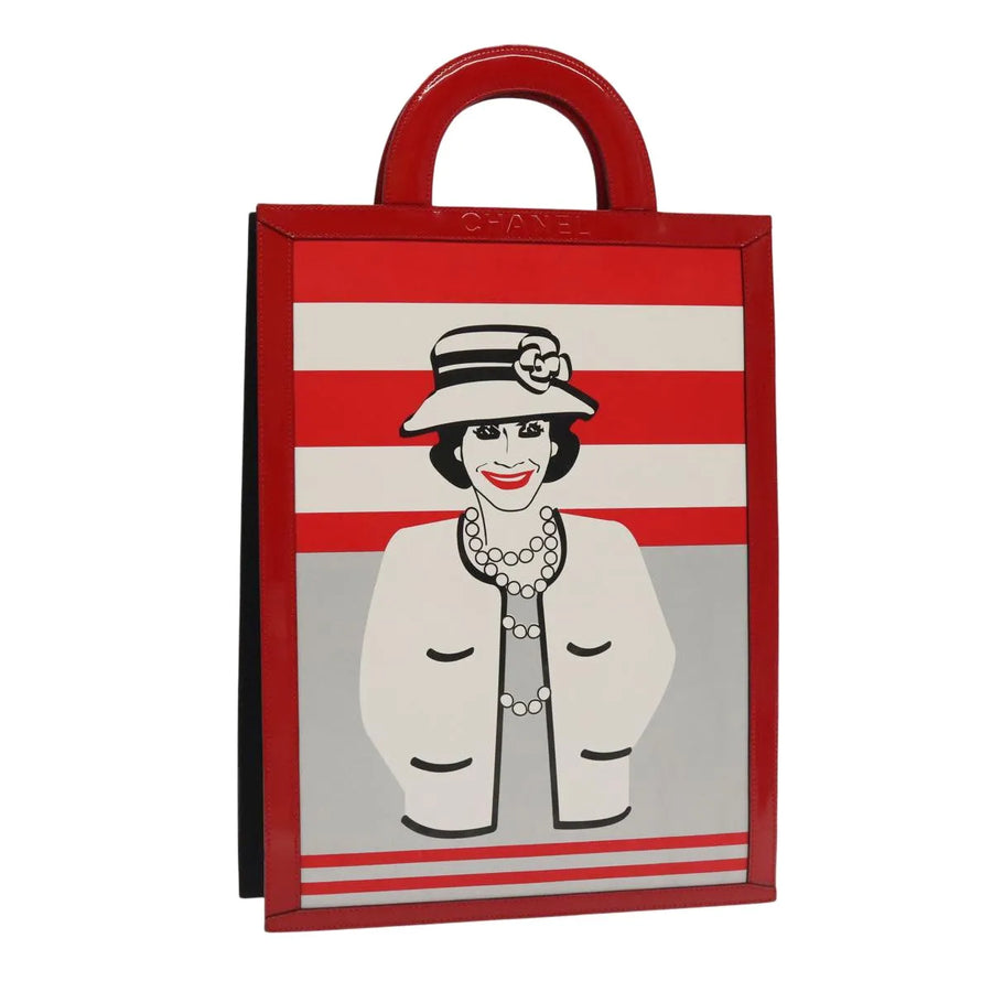 Chanel Vintage Portrait Tote Printed Leather And Quilted Patent Red Bag