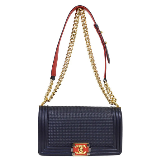 Chanel Boy Flap Cube Embossed Lambskin Navy Leather Bag