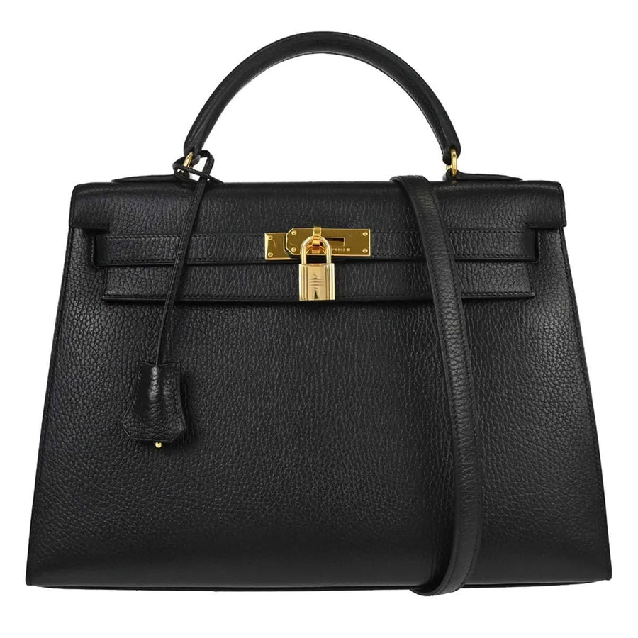 Hermes Kelly Black Ardennes With Gold Hardware Leather Bag