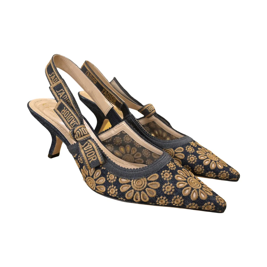 Christian Dior Womens Jadior Slingback Pumps Embroidered Fabric Blue Denim_jeans