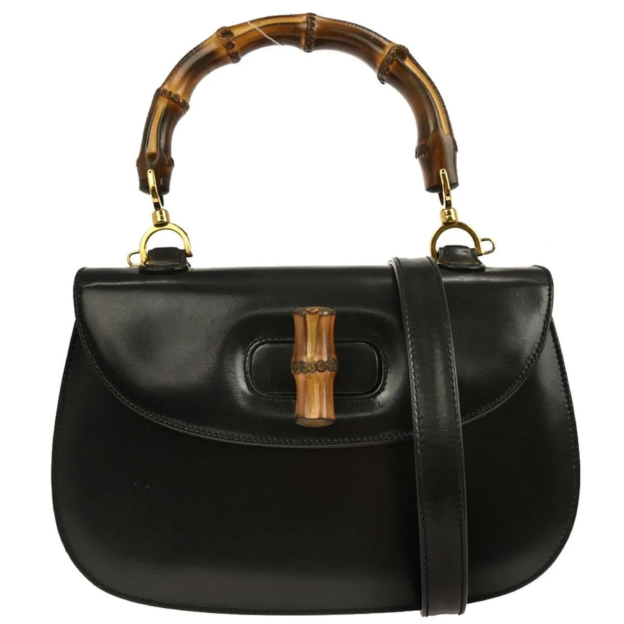 Gucci Vintage Convertible Bamboo Top Handle Leather Black Bag
