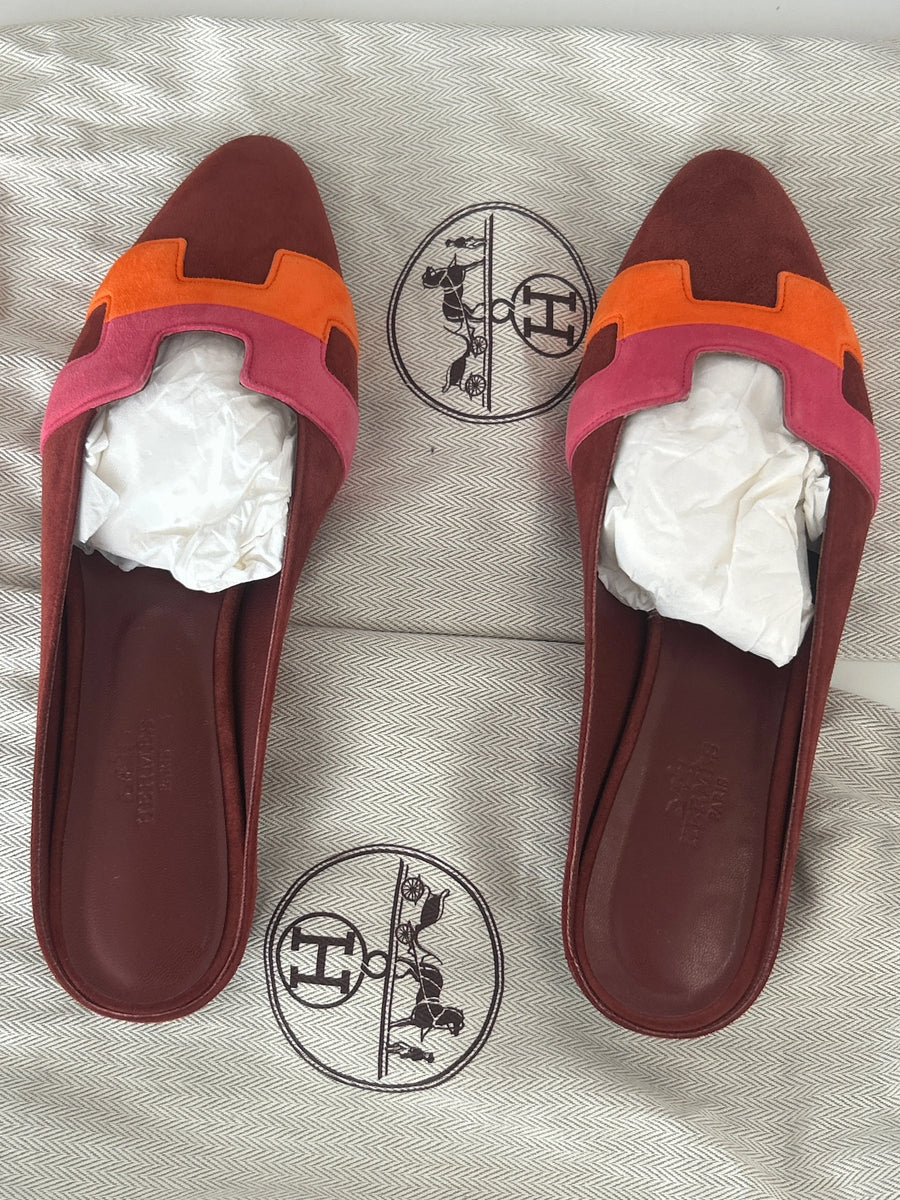 Hermes Womens Roxane Mules Crystal Embellished Suede Burgundy