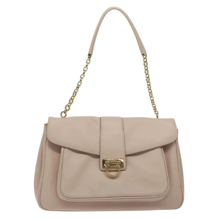 Salvatore Ferragamo Gancini Chain Leather Beige Bag