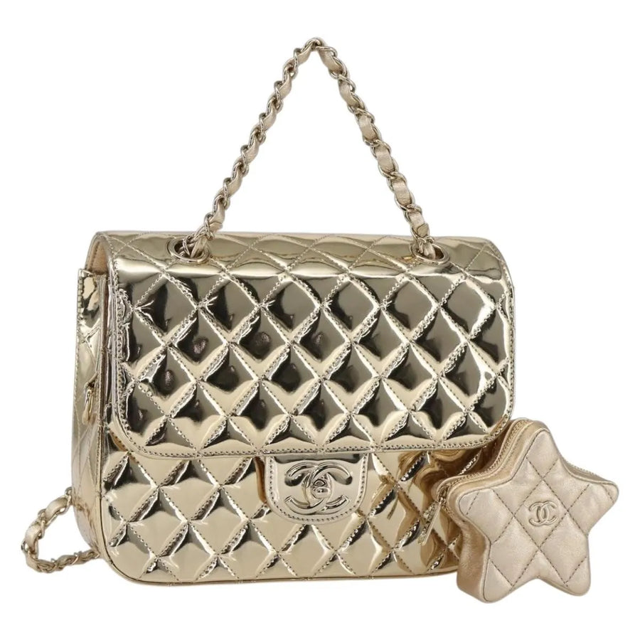 Chanel Hollywood Boulevard Backpack With Star Coin Purse Quilted Metallic Leather Gold Patent_leather Bag
