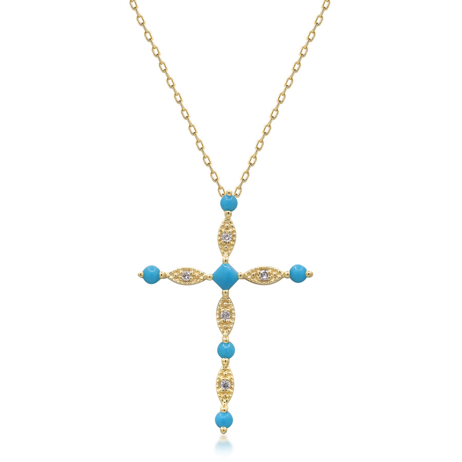 Yellow Gold Turquoise And Diamond Cross Pendant 14k