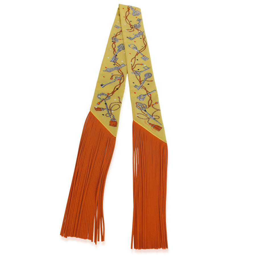 Hermès Jaune Argent Orange Vif Silk Les Cles A Pois Fringe Twilly Multicolor; Orange; Yellow Scarves/wraps
