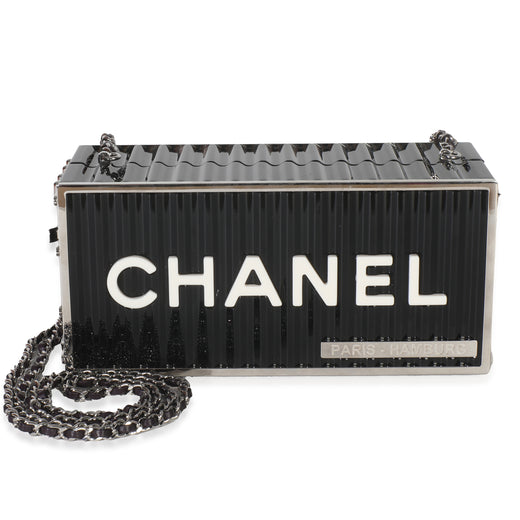 Chanel 18a Black Lucite Paris Hamburg Minaudiere Shipping Container Clutch Plastic Handbag
