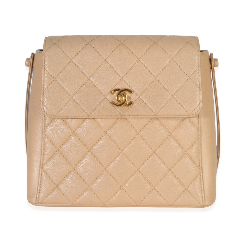 Chanel Vintage 24k Beige Quilted Caviar Cc Shoulder Handbag Leather