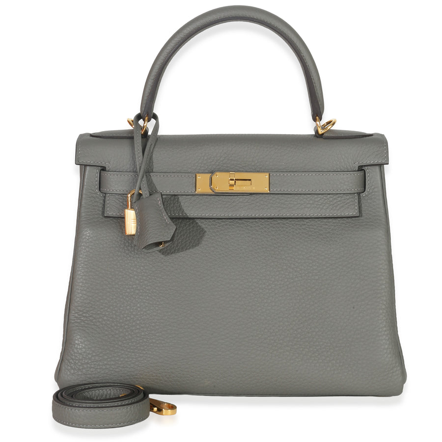 Hermès Gris Meyer Clemence Retourne Kelly 28 Ghw Gray Leather Handbag