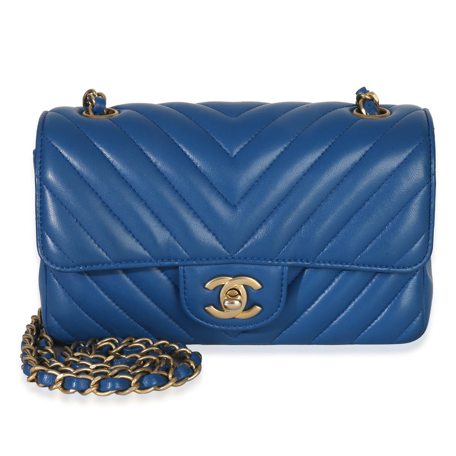 Chanel Blue Lambskin Chevron Mini Rectangular Flap Bag Leather Handbag