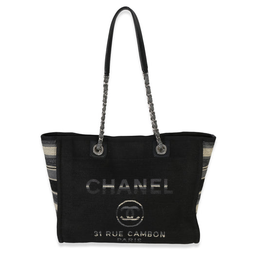 Chanel Blue Canvas Striped Small Deauville Shopping Tote Black Handbag