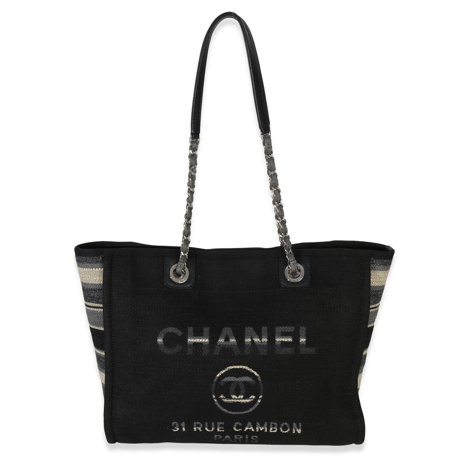 Chanel Blue Canvas Striped Small Deauville Shopping Tote Black Handbag