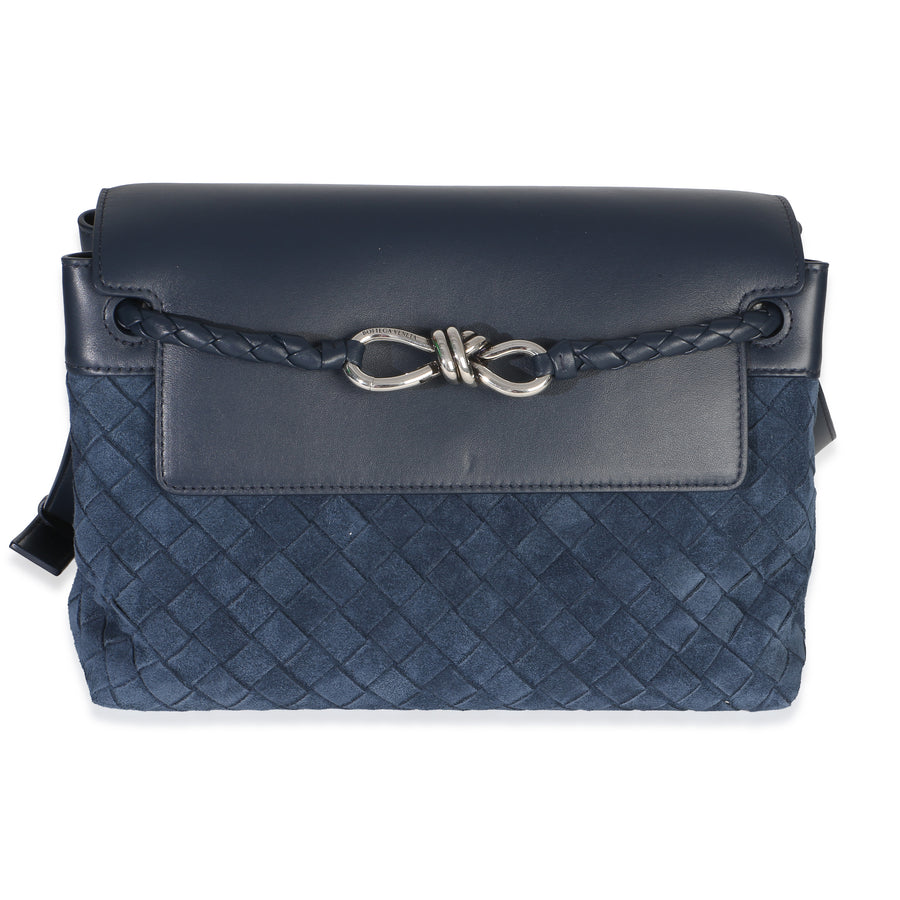 Bottega Veneta Neptune Intrecciato Suede Andiamo Messenger Bag Blue Leather; Handbag