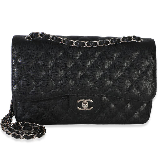 Chanel Black Quilted Caviar Jumbo Double Flap Handbag Leather