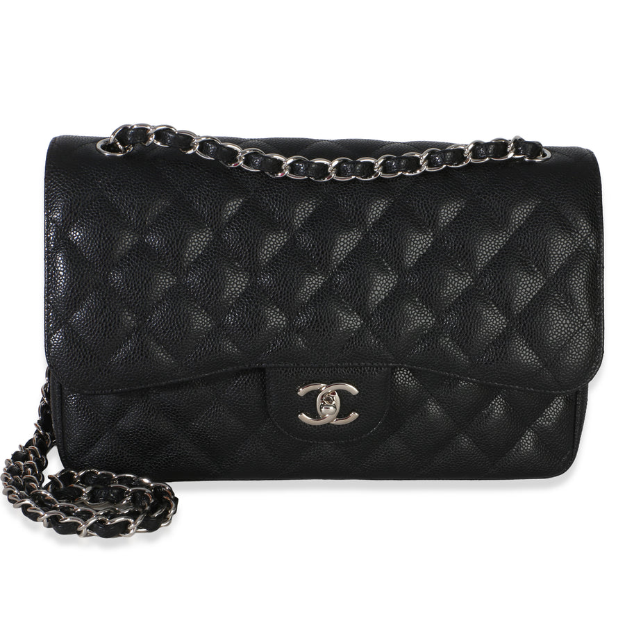 Chanel Black Quilted Caviar Jumbo Double Flap Handbag Leather