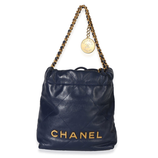 Chanel Navy Quilted Calfskin 22 Mini Hobo Blue Leather Handbag