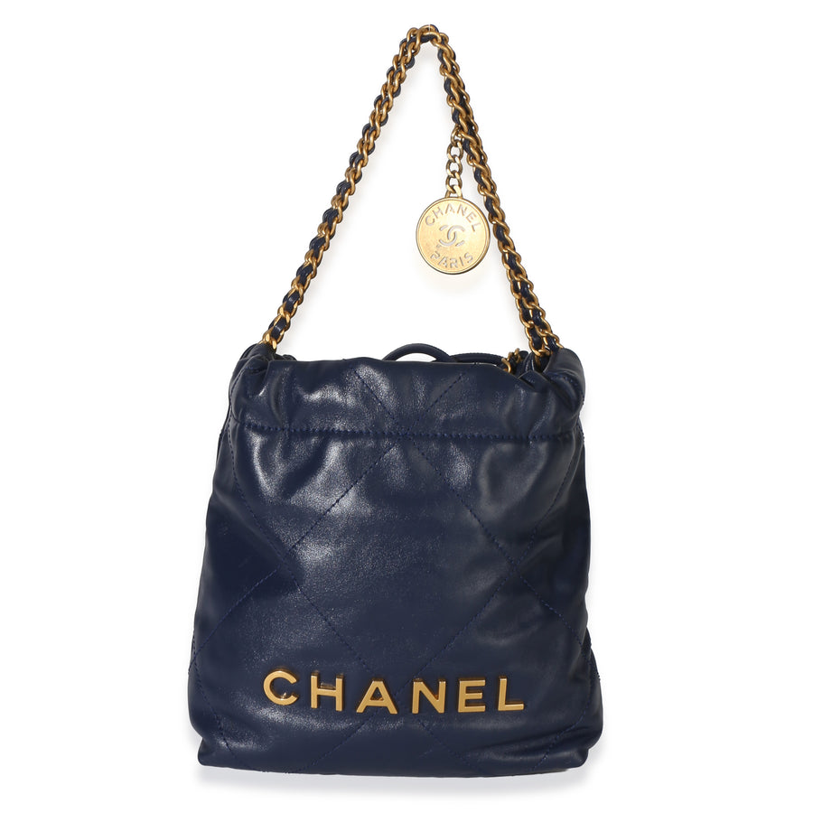 Chanel Navy Quilted Calfskin 22 Mini Hobo Blue Leather Handbag
