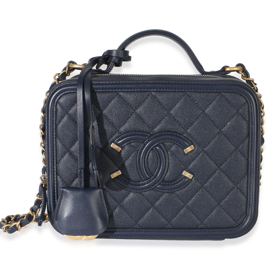 Chanel Navy Quilted Caviar Medium Filigree Vanity Case Blue Leather Handbag
