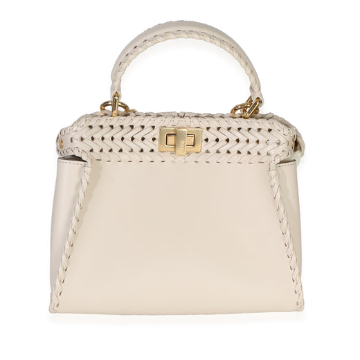 Fendi Cream Vitello King Interlace Mini Peekaboo Iconic Satchel Neutral Leather Handbag