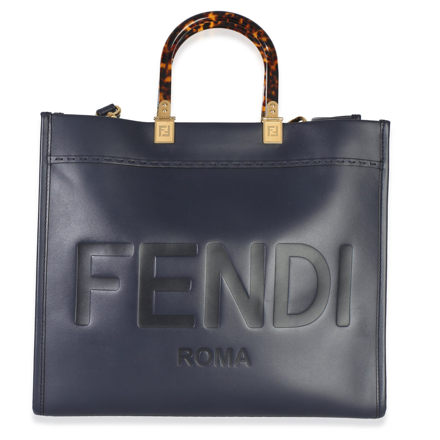 Fendi Navy Vitello King Plexiglass Embossed Medium Sunshine Shopper Tote Blue Leather Handbag