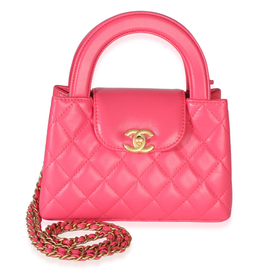 Chanel Dark Pink Shiny Aged Calfskin Quilted Nano Kelly Shopper Leather Handbag