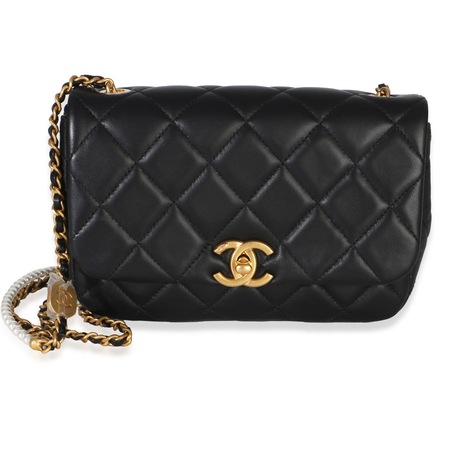Chanel Black Quilted Lambskin Mini Pearly Chain Flap Bag Leather Handbag