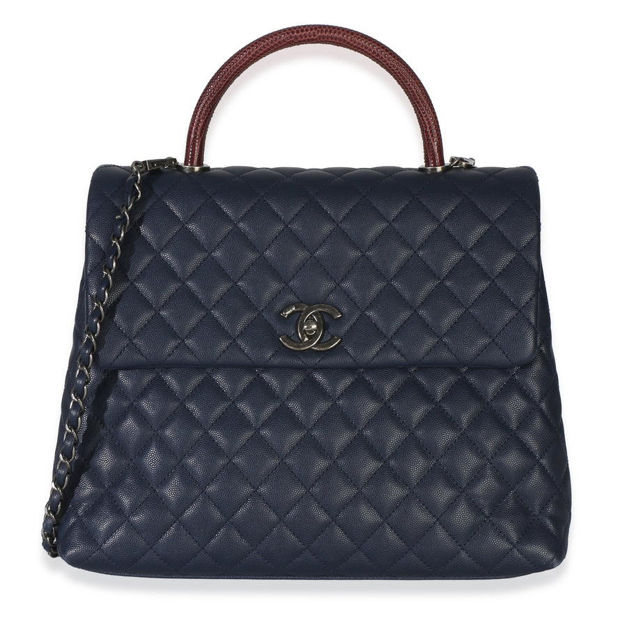 Chanel Navy Quilted Caviar Lizard Large Coco Top Handle Bag Blue Exotic; Leather Handbag