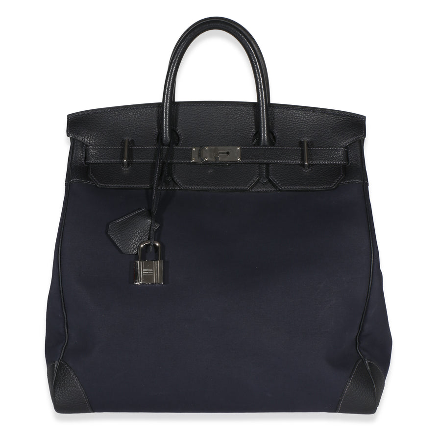 Hermès Bleu Indigo Toile Officier Fjord Hac 40 Phw Black; Blue Canvas; Leather Handbag