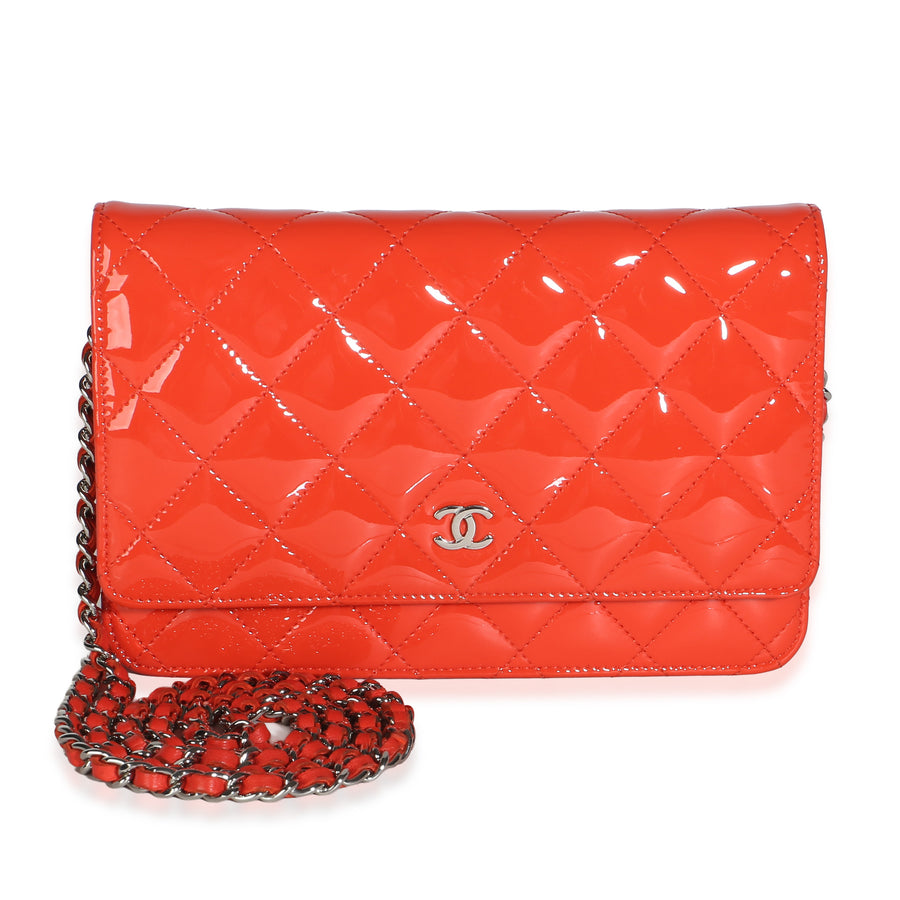 Chanel Red Quilted Patent Classic Wallet On Chain Orange Leather Handbag