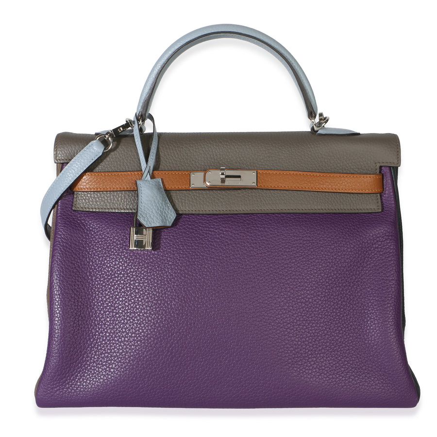Hermès Ultraviolet Etain Bleu Lin Orage Gold Clemence Arlequin Retourne Kel Leather Handbag