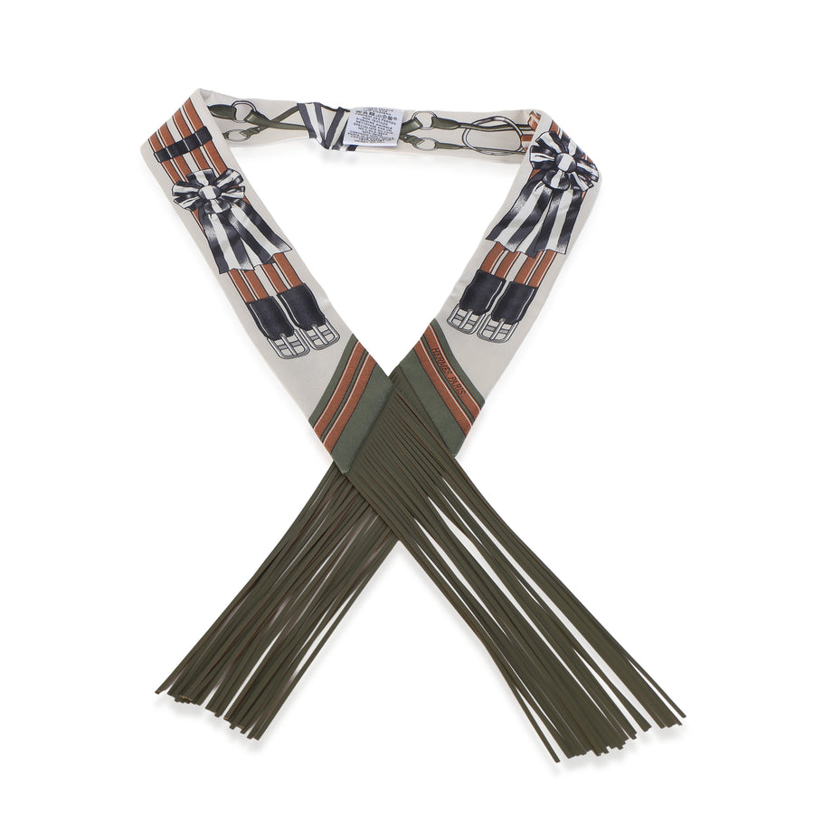 Hermès Crème Kaki Beige Dore Fringe Silk Jumping Twilly Leather; Scarves/wraps