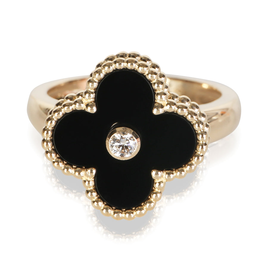 Van Cleef & Arpels Yellow Gold Onyx And Diamond Vintage Alhambra Ring 18k Rings