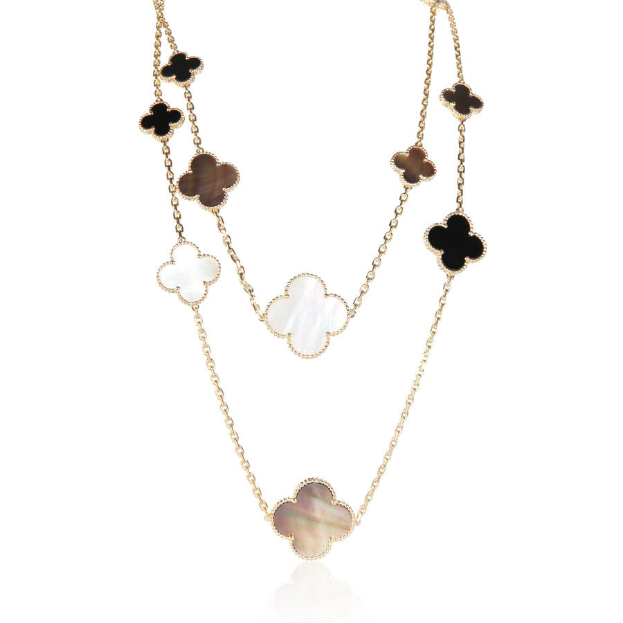 Van Cleef & Arpels Yellow Gold Mother Of Pearl And Onyx Magic Alhambra 16 Motif 18k Necklaces