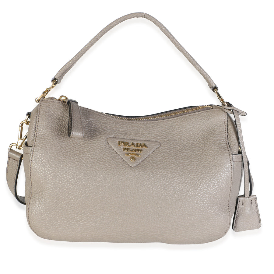 Prada Clay Gray Grained Calfskin Small Triangle Logo Shoulder Bag Leather