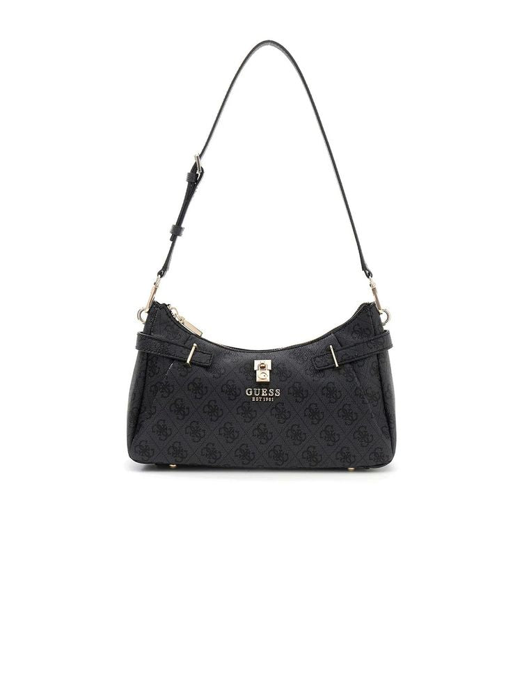 Guess Logo Jacquard Shoulder Bag — Black Polyurethane