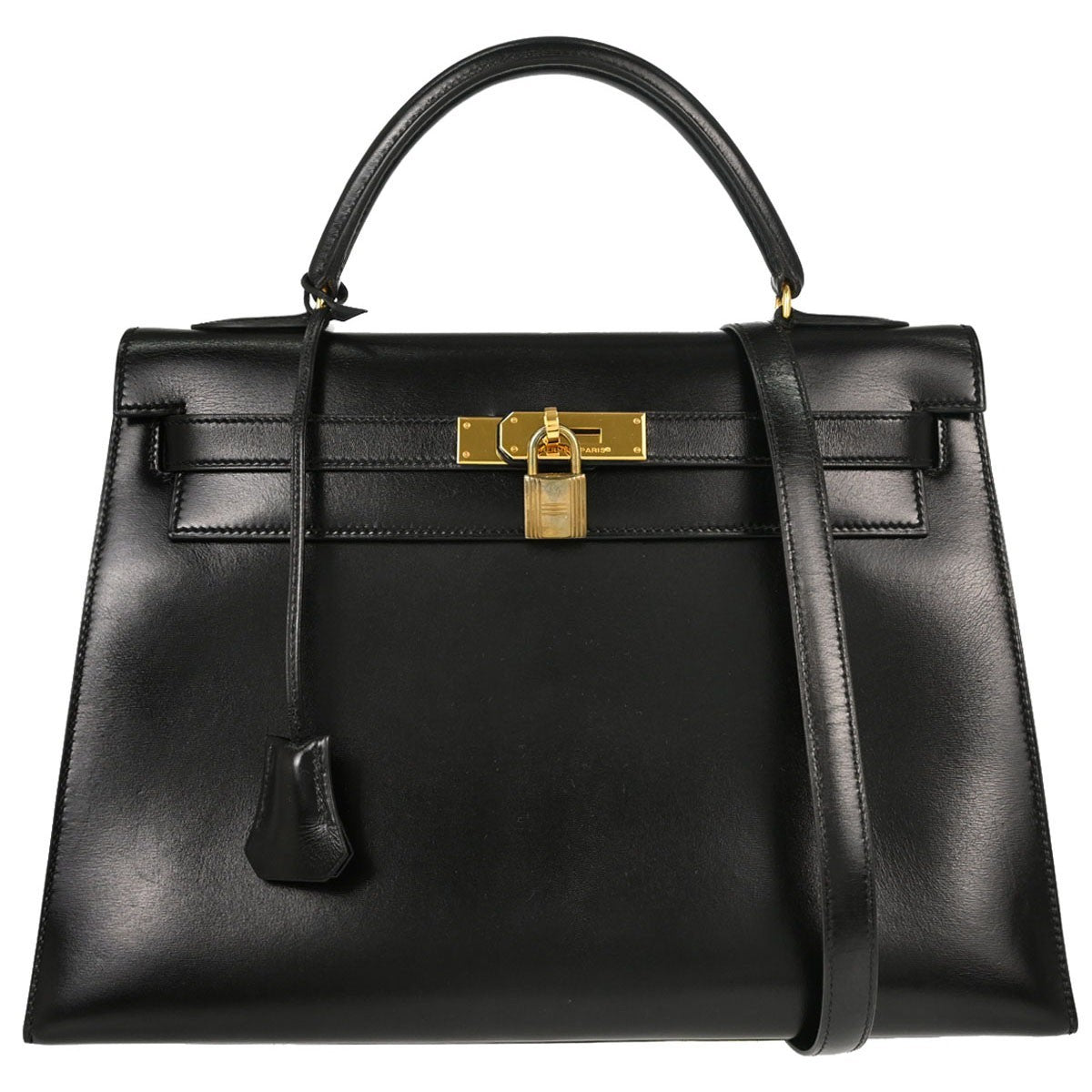 Hermes Kelly Black Box Calf With Gold Hardware Calfskin Bag