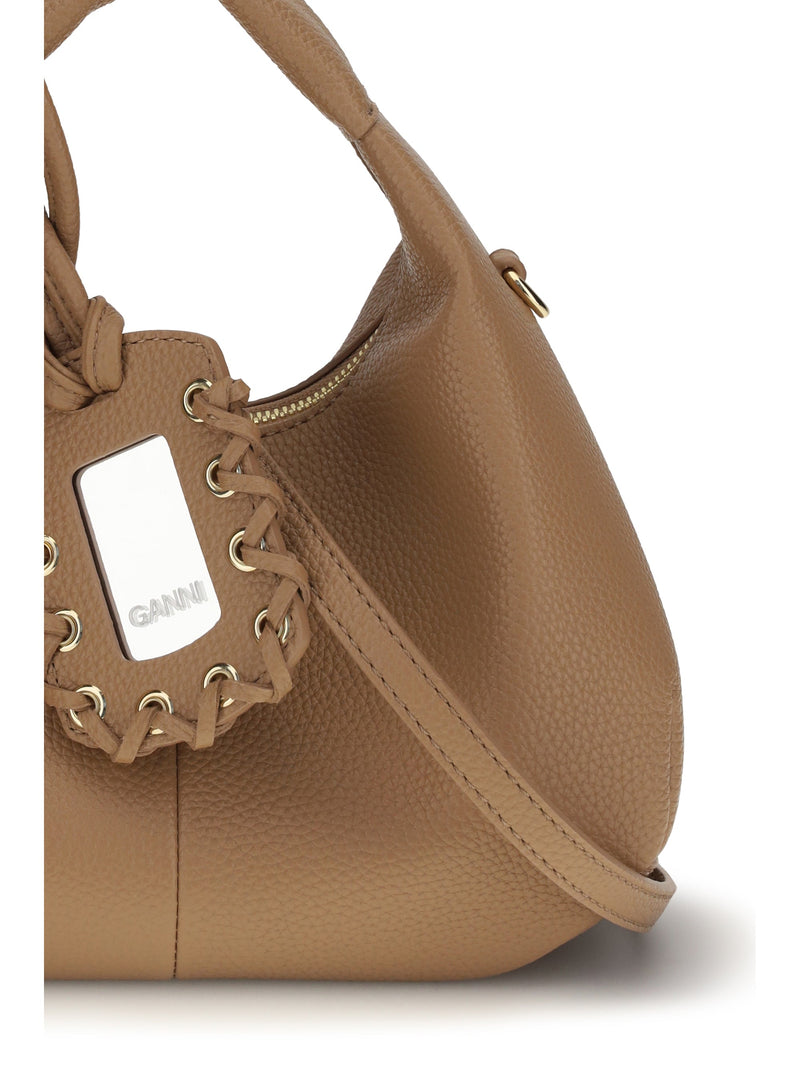 Ganni Grained Leather With Butterfly Logo Hobo Bag — Beige