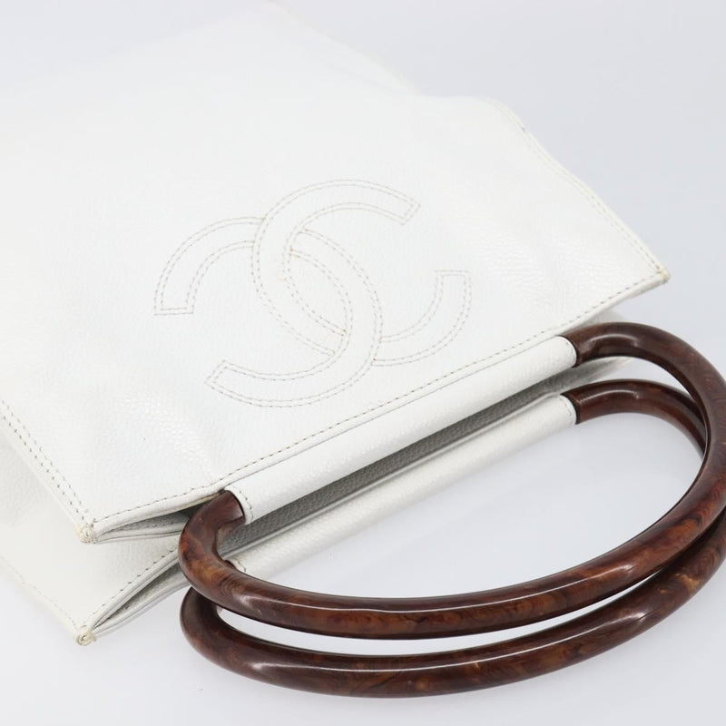 Chanel Vintage Wooden Quilted Caviar White Leather Bag