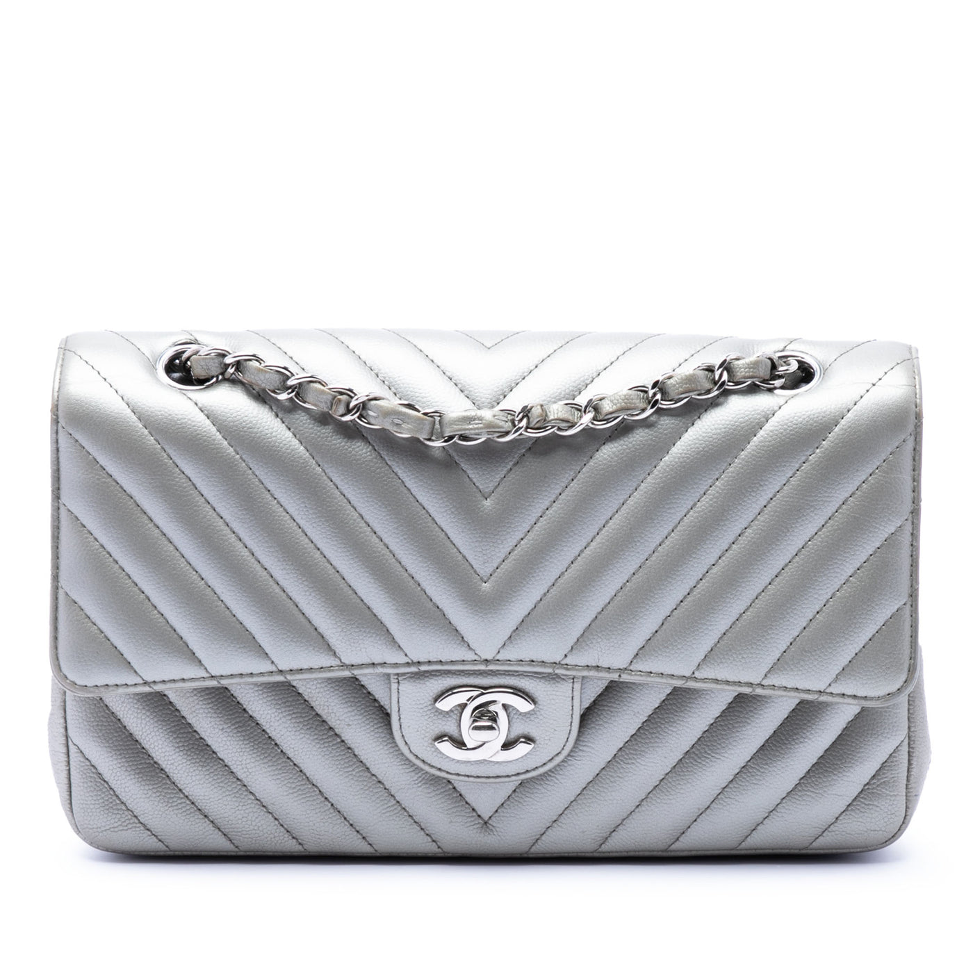 Medium Classic Chevron Metallic Caviar Double Flap - Image 1