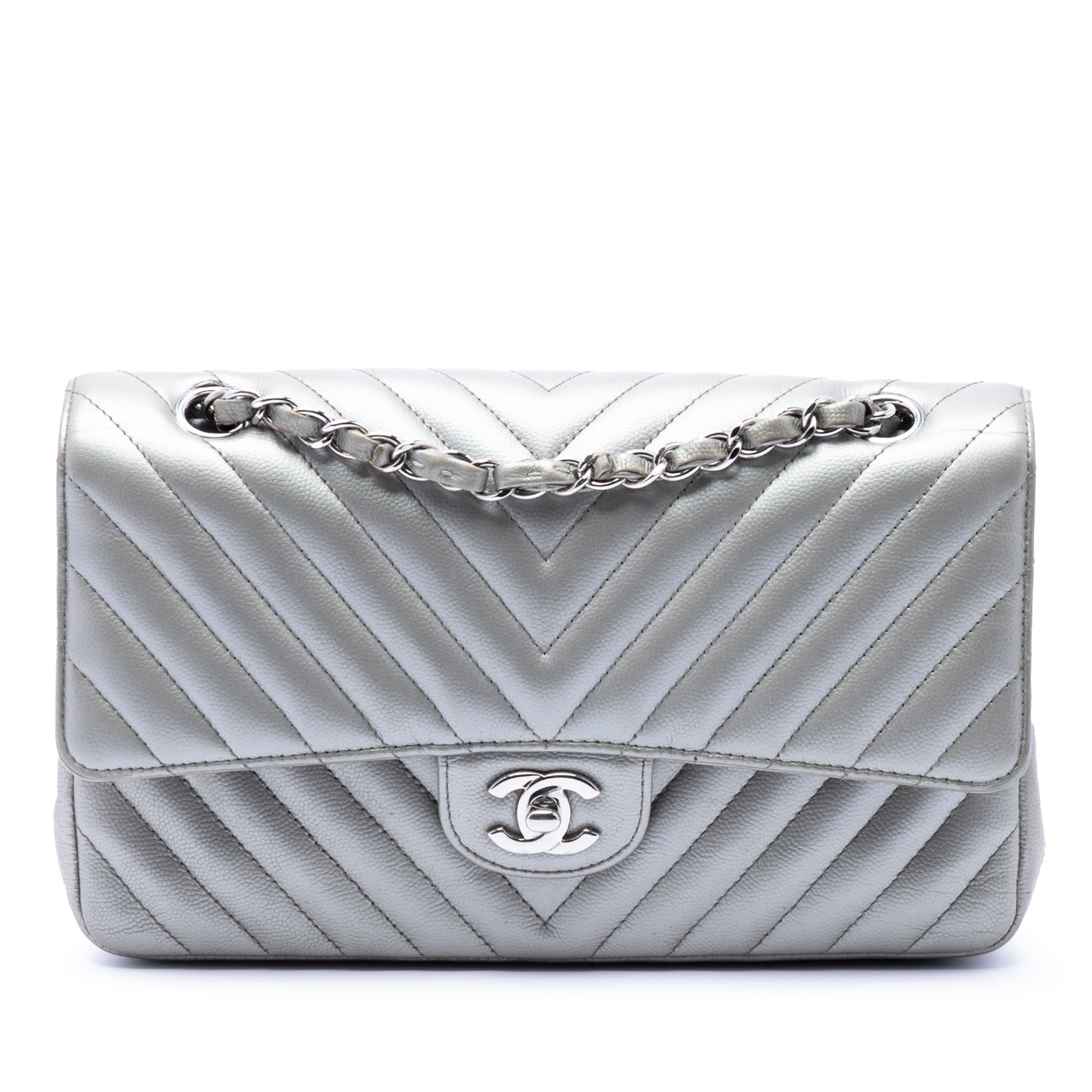 Medium Classic Chevron Metallic Caviar Double Flap - Image 1