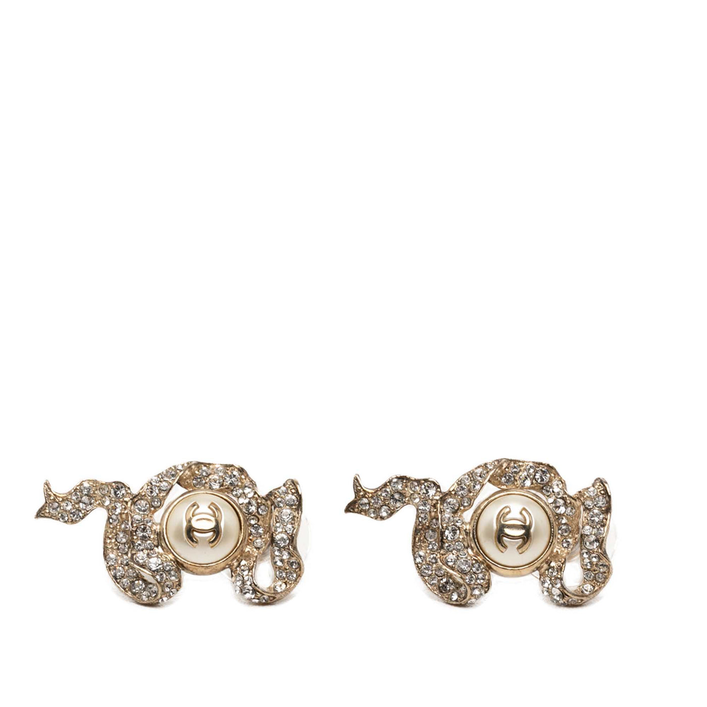 CC Gold Plated Strass and Faux Pearl Ribbon Bullet Back Earrings - Image 1