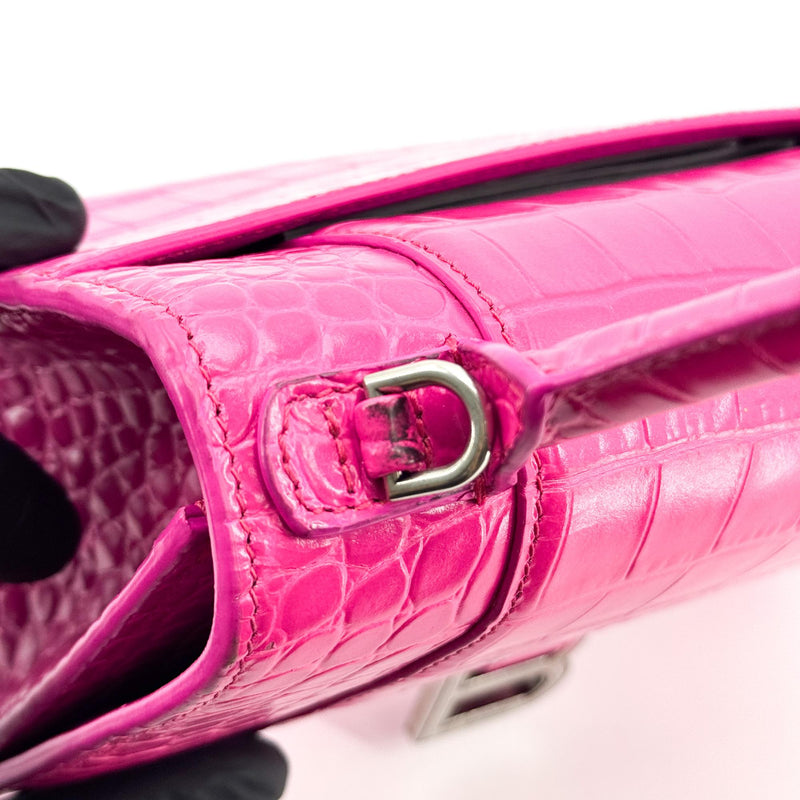 Balenciaga Hourglass Top Handle Crocodile Embossed Leather Pink Bag