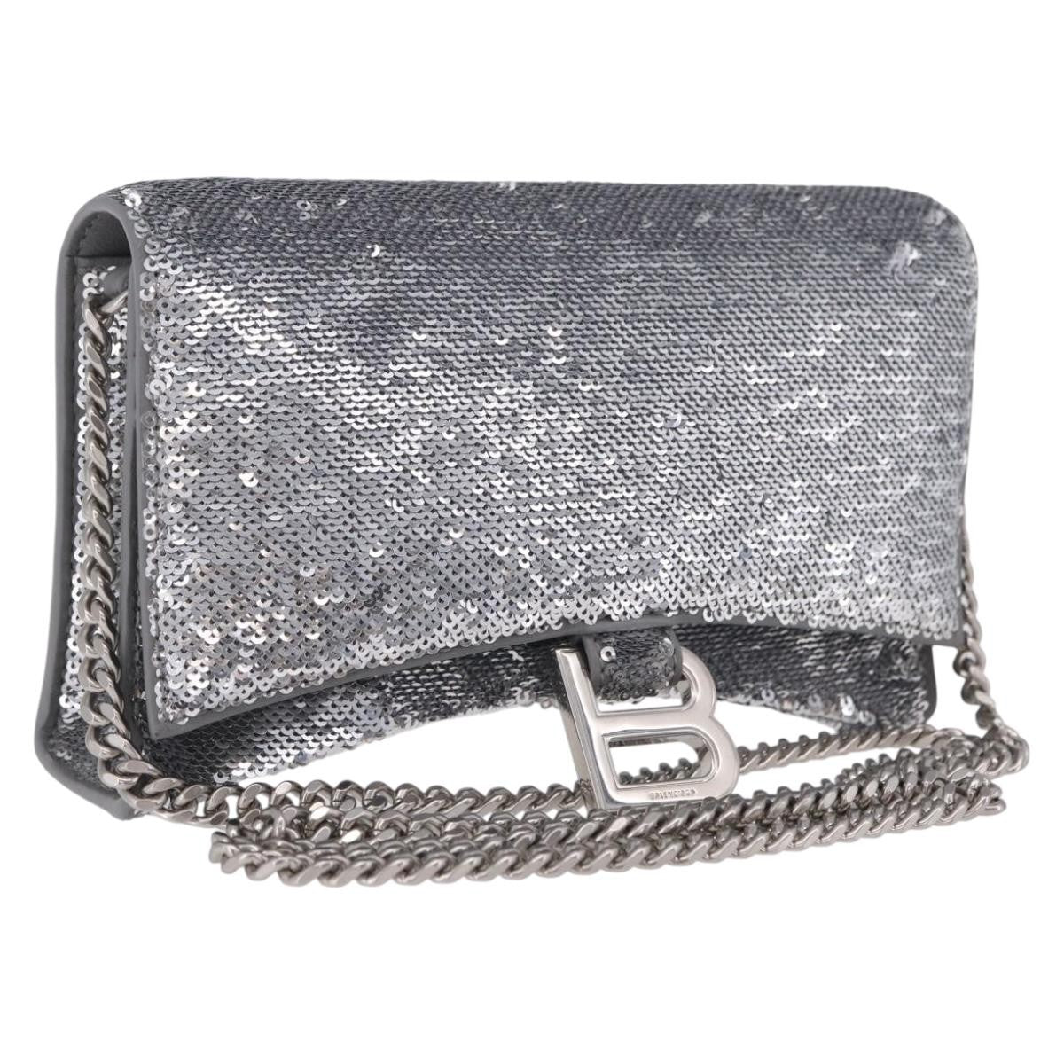 Balenciaga Hourglass Chain Leather With Sequins Silver Bag