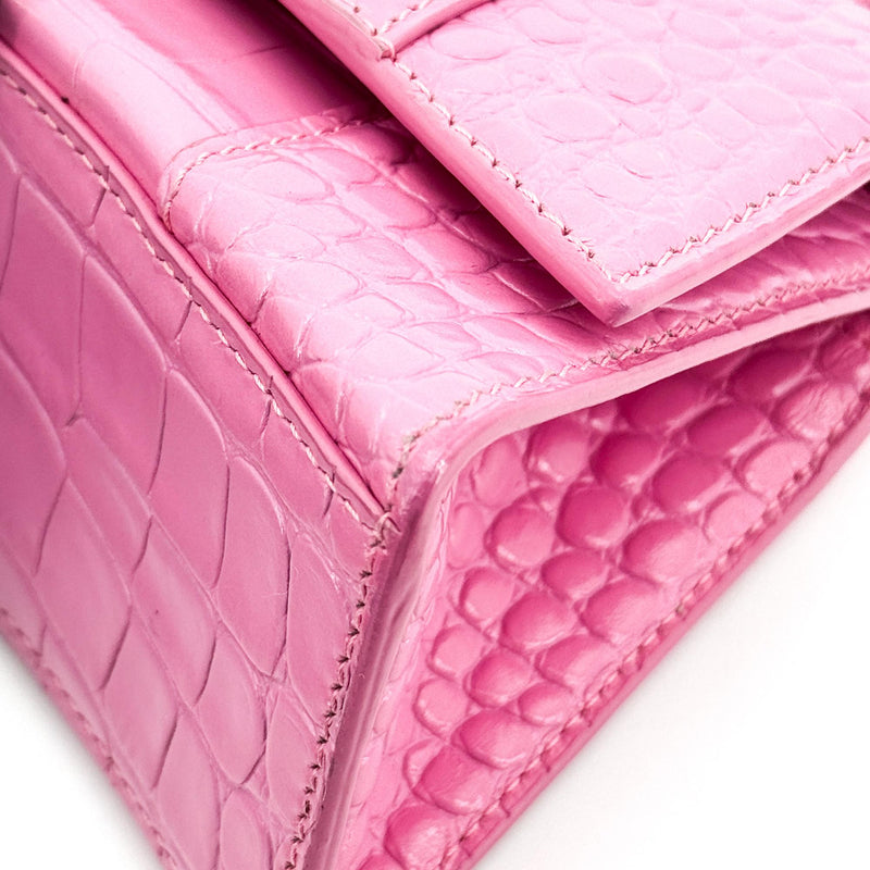 Balenciaga Hourglass Top Handle Crocodile Embossed Leather Pink Bag