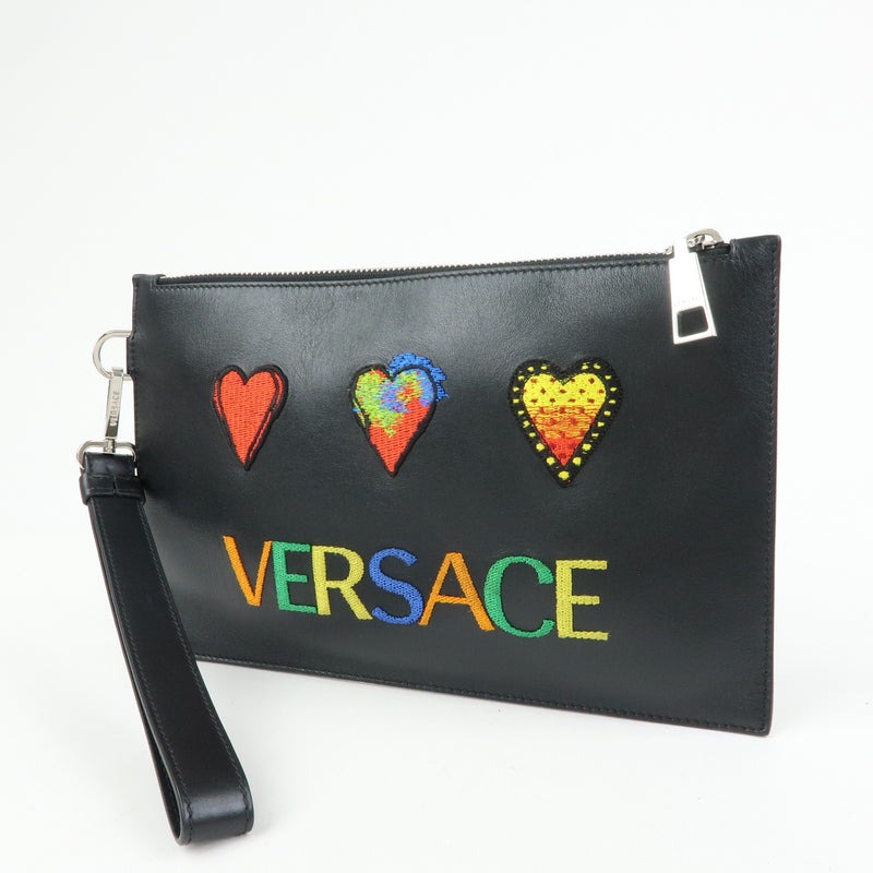 Versace Wristlet Printed Leather Black Bag