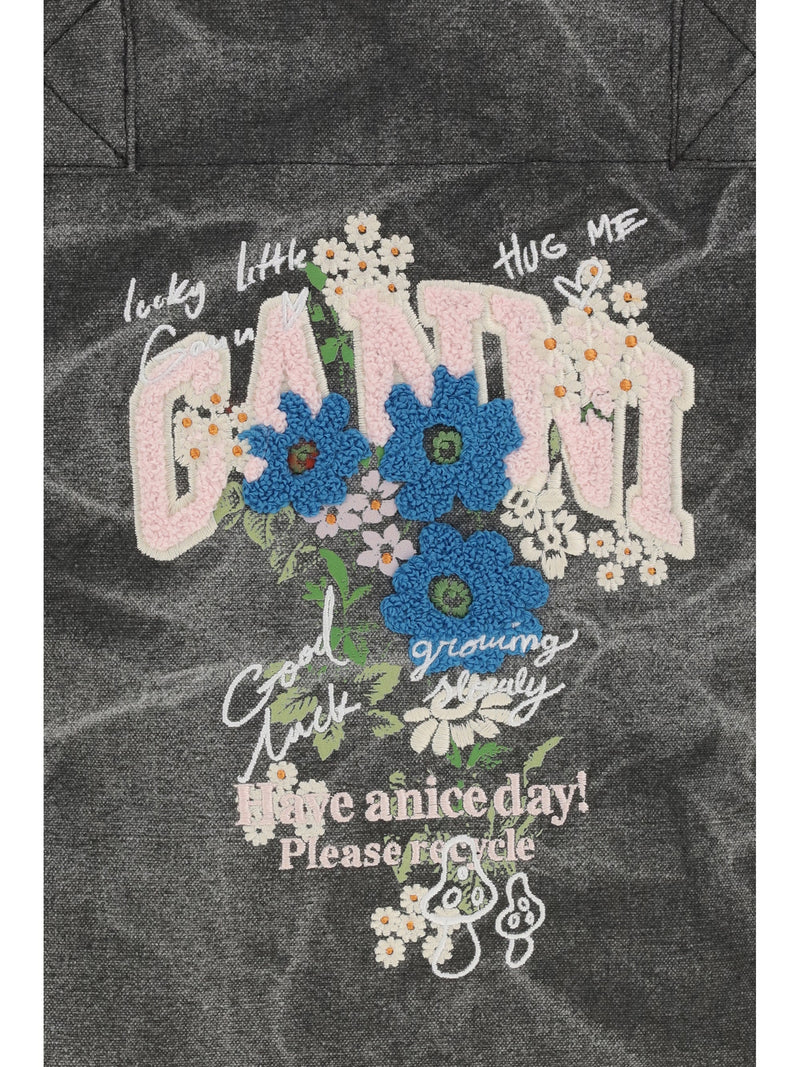Ganni Flower-Print Tote Bag — Gray Cotton
